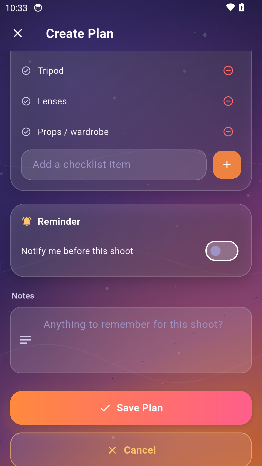 Photo Plan & Snap create plan screen