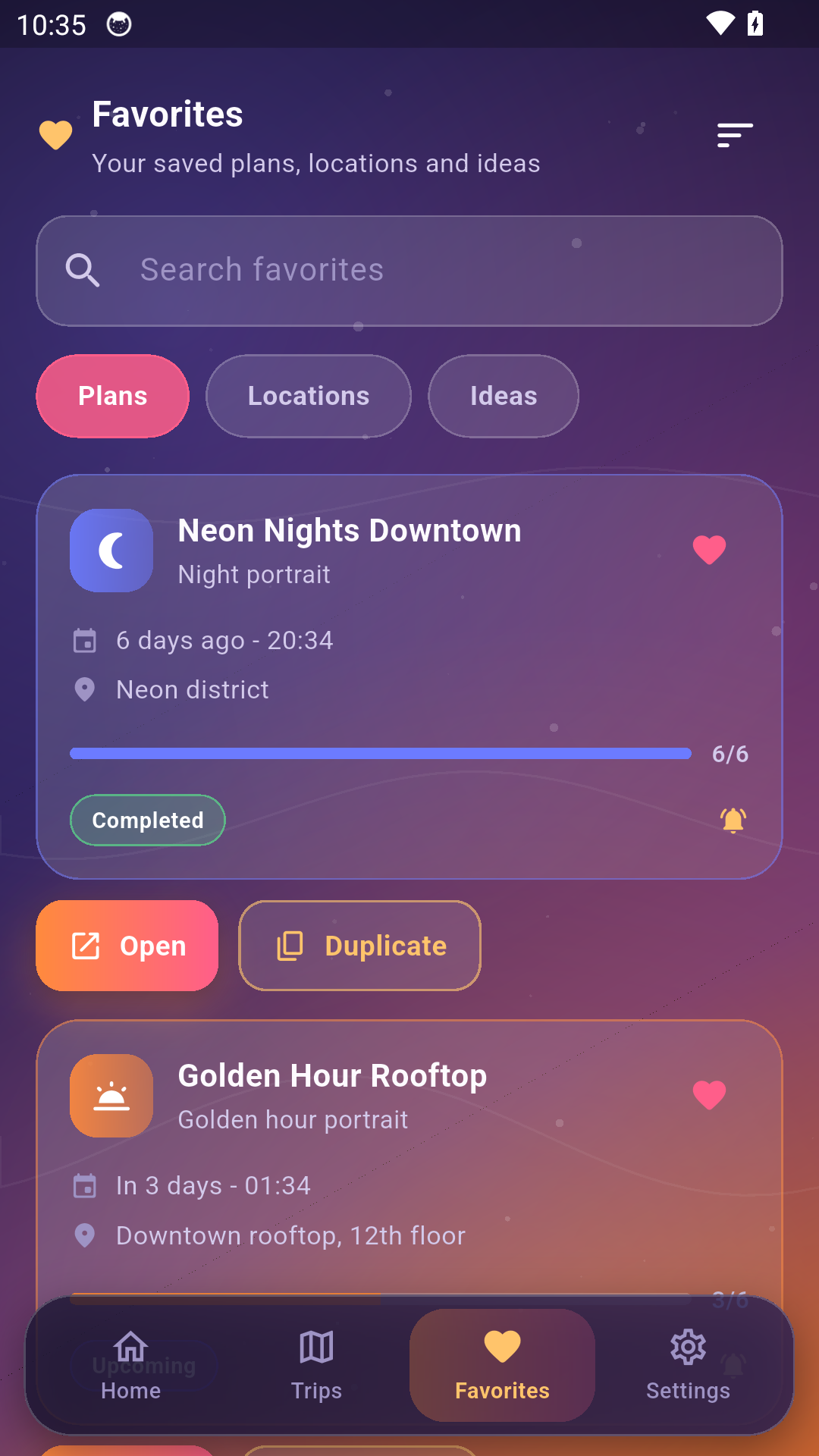 Photo Plan & Snap favorites screen