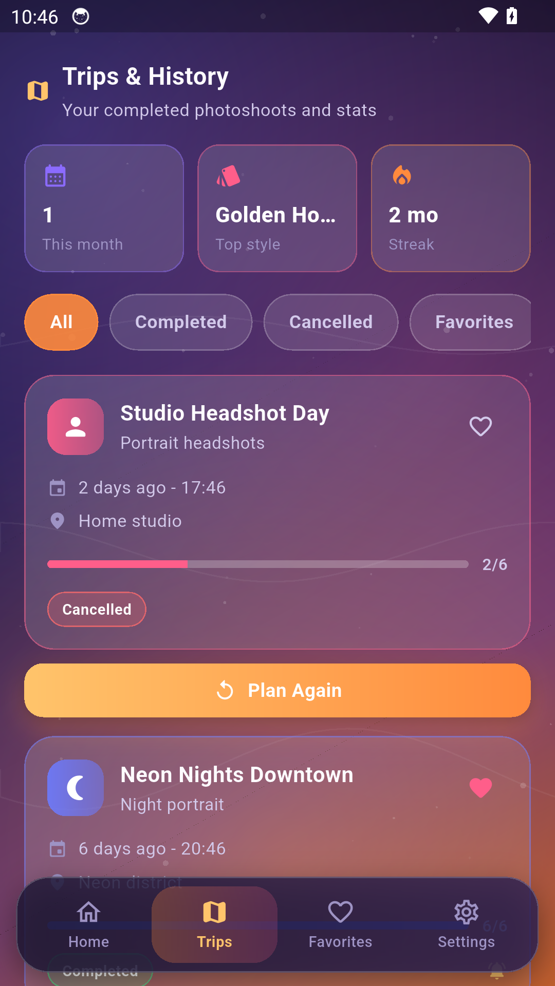 Photo Plan & Snap trips and history screen