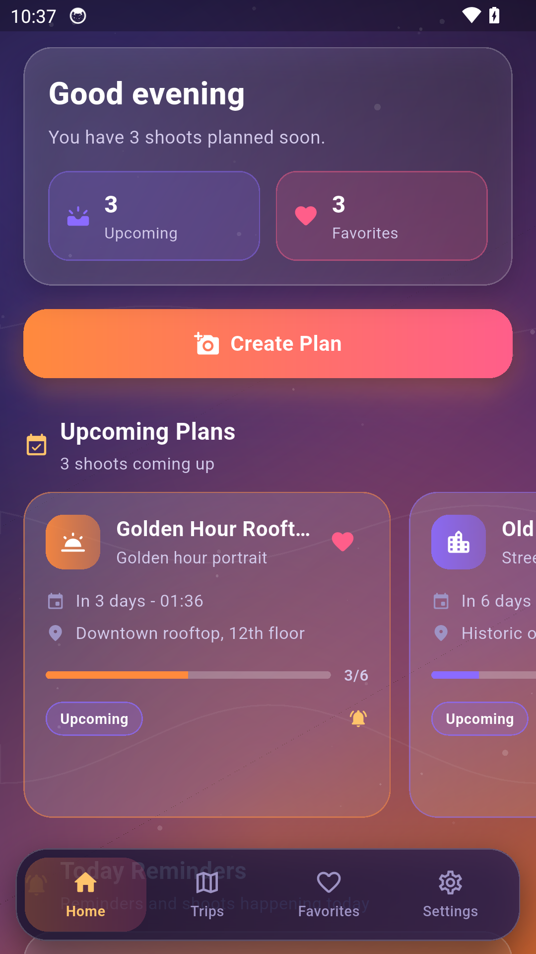 Photo Plan & Snap home screen with upcoming shoots